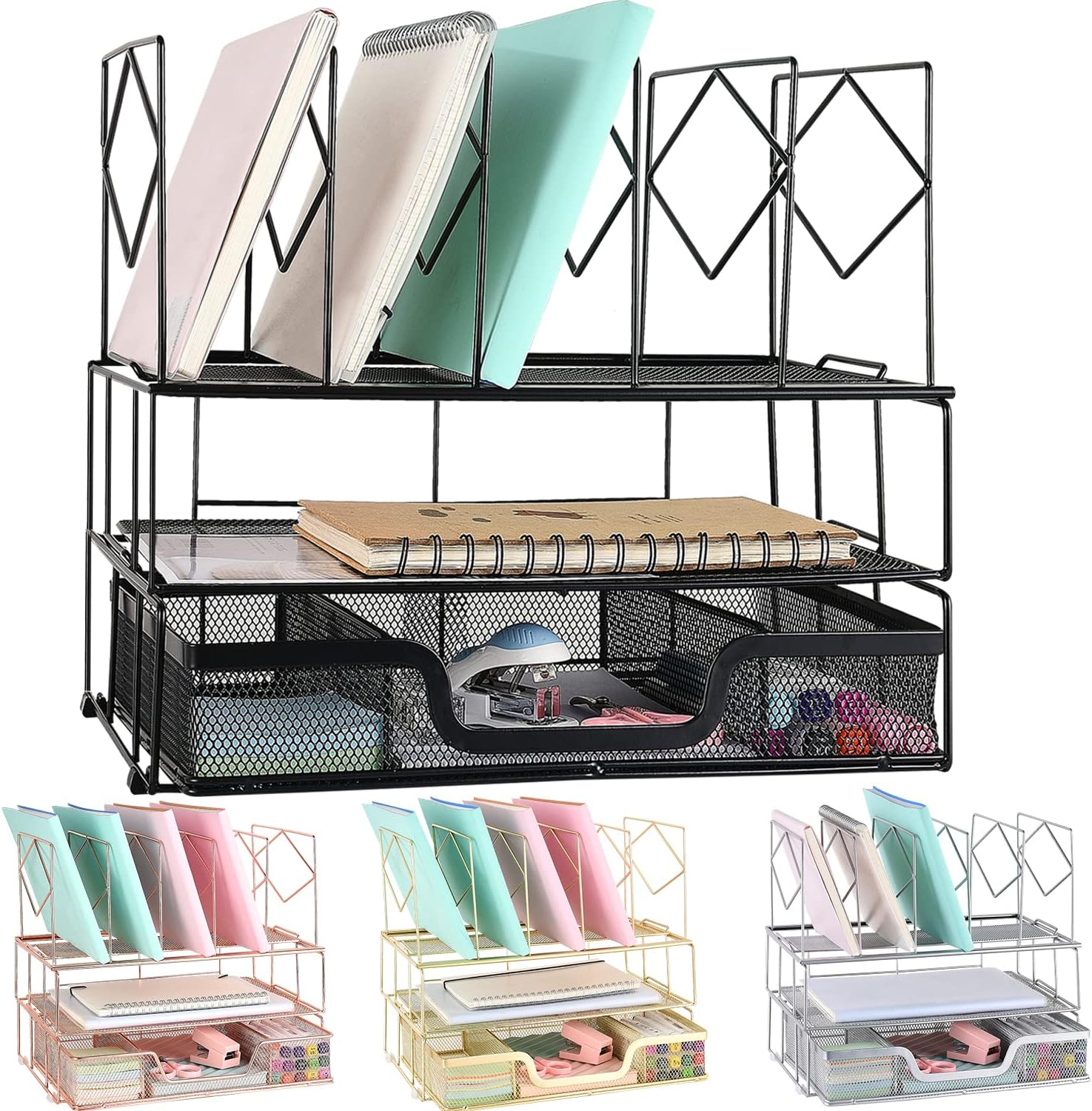 230816015519383_1 gianotter Desk Organizers and Accessories, Office Supplies Desk Organizer with Sliding Drawer, Double Tray and 5 Upright Sections (Black) - Image 1